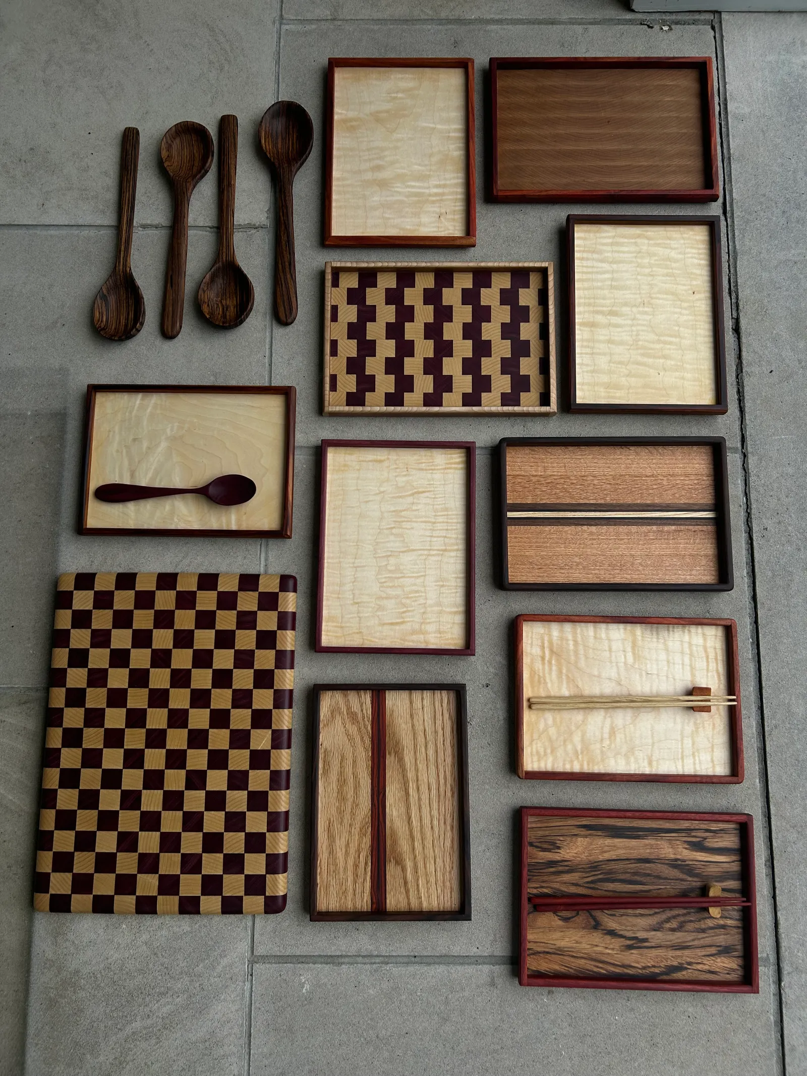 A collage of finished woodworking pieces